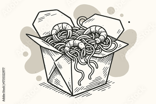 Hand drawn Chinese food box with noodles and shrimp. Wok pasta for lunch. Asian cuisine takeout. Vector sketch illustration for restaurant menu. Fast food delivery concept.