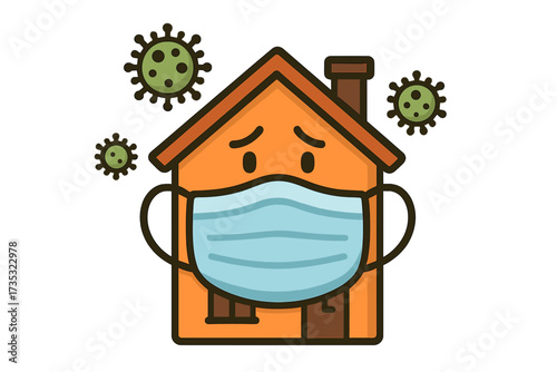 Stay home lettering quote. House character in medical mask. Quarantine for coronavirus COVID-19 prevention. Self-isolation during pandemic. Health protection vector illustration.