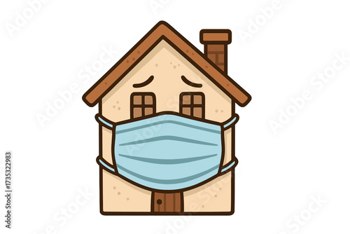 Stay home concept vector. House character wearing a medical mask for protection. Quarantine and self-isolation during coronavirus pandemic. Covid-19 prevention illustration.