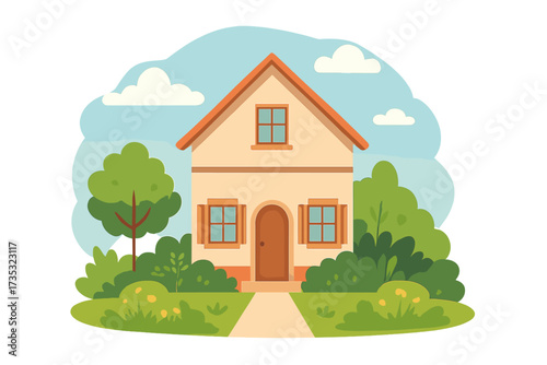 Countryside house with garden vector illustration. Flat cartoon family home in spring scenery. Two-story building, real estate property concept. Isolated suburban cottage landscape.