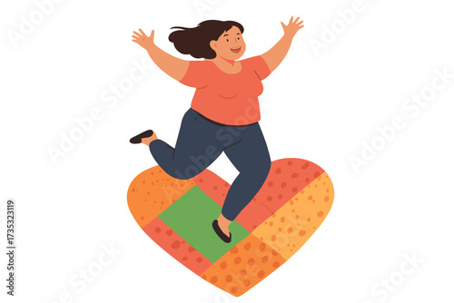 Happy plus size woman jumping on patchwork heart. Love yourself concept. Body positive girl in love, romantic mood. Vector cartoon for self-care, acceptance, mental health.