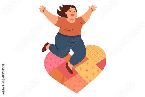 Happy plus size woman jumping on a patchwork heart. Love yourself and body positive concept. Vector flat illustration of a girl in love, romantic mood, self-acceptance, and joy.