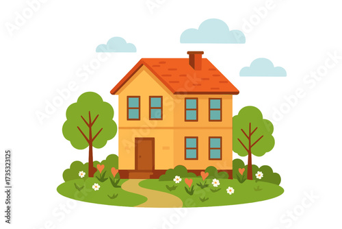 Cute cartoon house vector illustration. Two-story family home with a garden, trees, and flowers. Isolated countryside building scenery for real estate or suburban life concept.