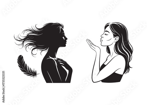 Elegant female blowing kiss in black silhouette