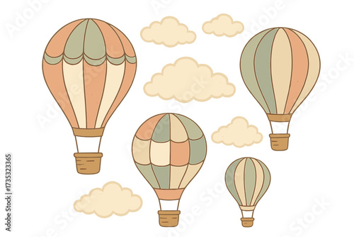 Vintage hot air balloon set. Retro air transport collection for travel and adventure concept. Hand drawn flat vector illustration with clouds. Childish cute design in pastel colors.