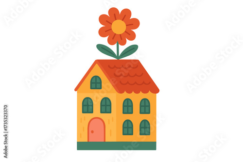 Home sweet home concept with a cute cartoon house. Fantasy building with a big flower on the roof instead of a chimney. Eco-friendly green living and real estate idea. Cozy home.