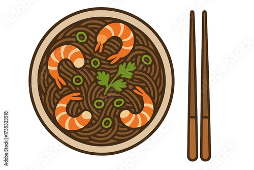 Japanese soba noodles with shrimp in a bowl with chopsticks. Top view vector illustration of Asian cuisine. Seafood ramen soup for restaurant menu design. Flat cartoon style.