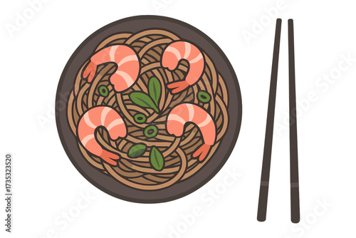 Japanese food soba noodles with shrimp and chopsticks. Asian cuisine meal in a bowl, top view. Traditional seafood ramen dish. Vector illustration in flat cartoon style.