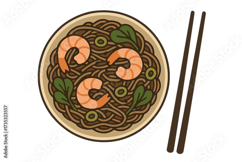 Japanese soba noodles with shrimp and chopsticks in a bowl. Top view of a traditional Asian food dish. Seafood ramen vector illustration in a flat cartoon style.