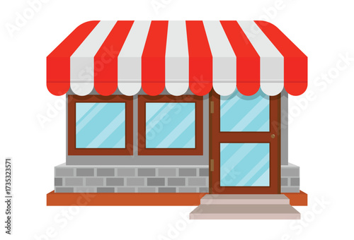 Small shop storefront with red and white canopy vector illustration isolated