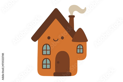 Cute cartoon house character with a smiling face. Sweet home concept vector illustration. Cozy, friendly building icon for real estate or kids. Happy gingerbread fantasy house.