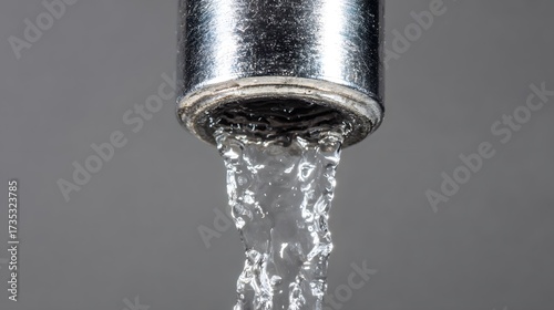 Clear water flowing freely from an unclogged metal pipe with studio lighting. 
