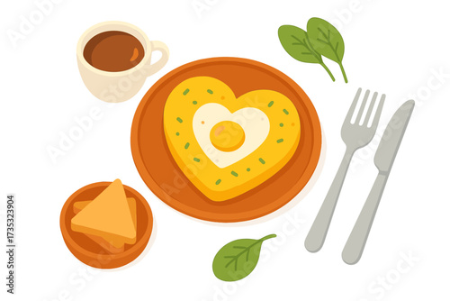 Morning breakfast with a heart-shaped fried egg omelette. Good food, good mood concept for a romantic healthy meal with coffee and toast. Vector flat cartoon illustration.