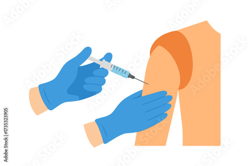 Vaccination process vector banner. Doctor or nurse hand in medical gloves with syringe making injection in patient shoulder. Coronavirus, flu shot. Immunization campaign.