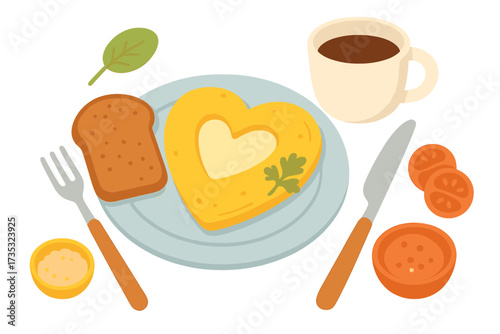 Romantic morning breakfast with heart shaped omelette, toast and coffee. Healthy food concept for Valentine's day. Vector flat lay cartoon illustration on isolated background.