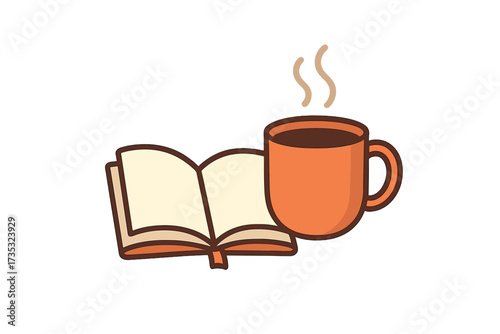 Open book and cup of hot coffee or tea. Reading, study or education concept. Logo for book club, blog, library or bookstore. Cozy morning hobby with a warm drink. Vector icon.