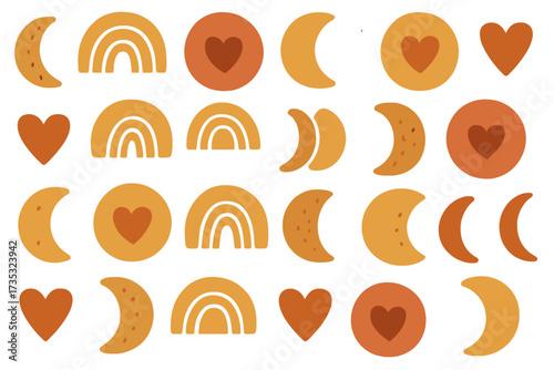Boho seamless pattern with moon phases, rainbows, and hearts. Bohemian terracotta modern flat art print. Abstract minimalist background for nursery decor or textile design.