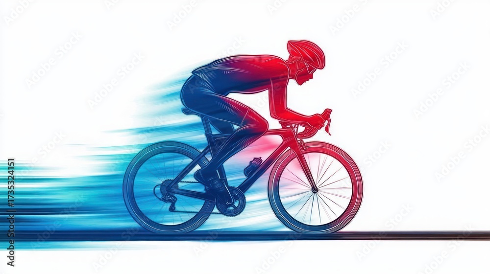 Fototapeta premium Dynamic illustration of a cyclist in aerodynamic posture racing on a road bike with motion blur in blue and red tones conveying speed and intensity