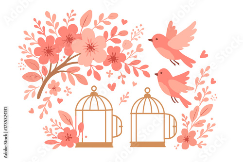 Love birds couple flying from open cage. Freedom, liberty, new life concept. Romantic vector for Valentine's day, wedding. Spring floral background with pink flowers and hearts.