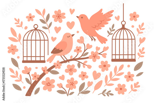 Freedom concept with birds out of cages. Love and liberty metaphor. Valentine's day card. Romantic floral background with pink spring flowers. Two birds on a branch.