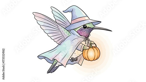 Hummingbird Wizard: An adorable illustration of a hummingbird in a wizard costume, holding a glowing pumpkin, ready for a spooky adventure