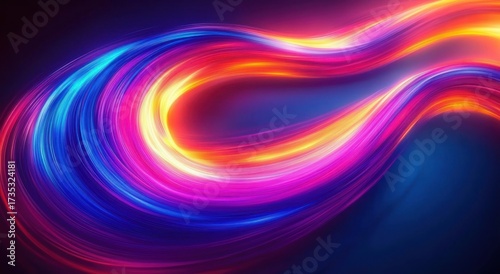 Dynamic swirling neon light trails in vibrant blue, pink, orange, and yellow hues creating a sense of energy and motion on a dark background