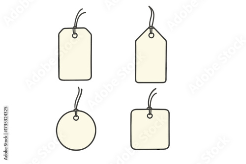Set of blank dangling paper and cloth labels with string, blank label templates, price tags collection, hand-drawn vector illustration, vintage style, cartoon design for ads