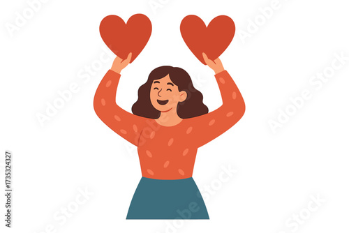 Happy smiling woman holding two red hearts. Concept of sharing love, charity, donation, support, and positive feedback. Valentine's Day greeting. Self-love and mental wellbeing.