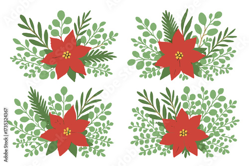 Set of Christmas bouquets with red poinsettia flowers, fir branches, agonis, seeded eucalyptus, and emerald parvifolia greenery, festive holiday floral arrangements, flat style vector