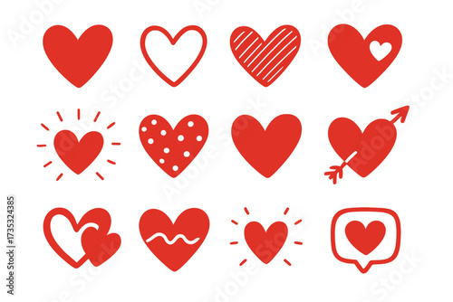 Red hearts sticker set for Valentine's Day. Romantic love symbol collection. Flat hand drawn icons for decoration. Cupid arrow, social media like, heartbeat, shining clipart.