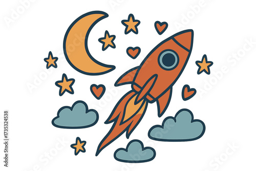Love to the moon and back concept with cartoon rocket ship. Spaceship launch in starry sky with crescent moon, clouds and hearts. Flat vector illustration for kids, nursery, poster.