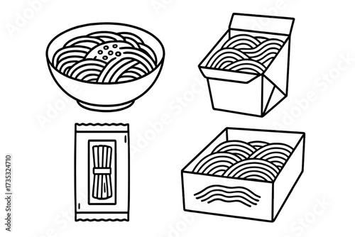 Set of Soba noodles in bowl and takeaway boxes, flat line style vector illustration, linear doodle collection, Japanese buckwheat noodles, food packaging design, vector cartoon