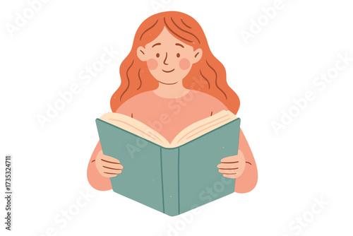 Red-haired girl reading a book. Young woman, student loves to read. Read more books concept for education, learning, literature. Hand drawn flat trendy vector illustration.
