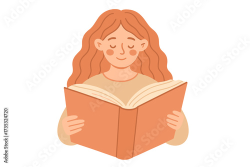 Red haired girl reading a big book. Young woman loves to read. Read more books concept. Hand drawn flat vector illustration for education, library, study, or book festival.