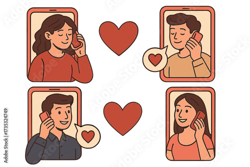 Valentine's day remote communication concept. Set of young couples talking on mobile phones. Long-distance relationship and declaration of love through smartphone video call.