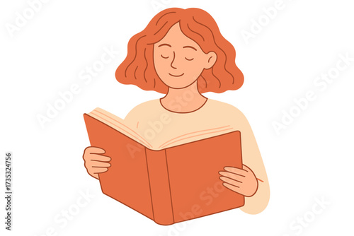 Red haired girl reading a big book. Young woman loves to read. Read more books concept. Education, literature, study. Hand drawn flat vector illustration in pastel colors.