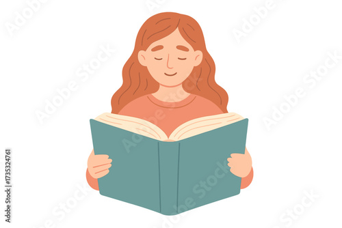 Young woman reading book concept. Red haired girl loves to read. Student studying, learning, gaining knowledge. Hand drawn flat vector illustration for education, library, bookstore.