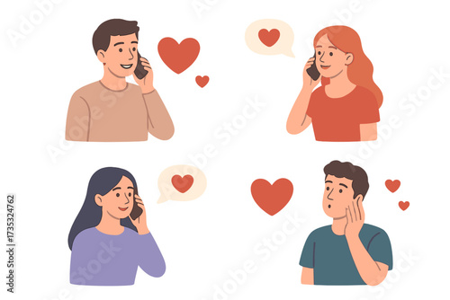 Valentine's Day long-distance relationship. Set of young couple characters communicating on phones. Man and woman in love talk on smartphone. Romantic vector illustration.