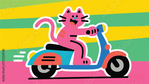 Cute Cat Riding a Scooter Illustrator Artwork Banner Background Design Template 