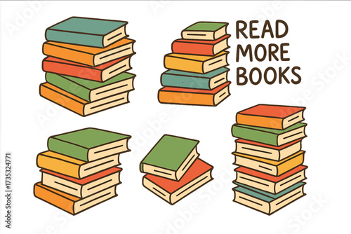Hand-drawn colorful stack of books isolated on white background, educational flat vector illustration with "Read More Books" lettering, World Book Day concept, reading and literacy promotion
