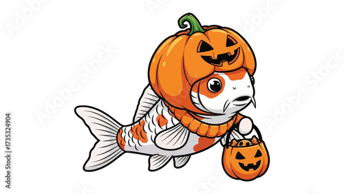 Halloween Koi Fish: A charming illustration of a koi fish dressed up for Halloween, wearing a pumpkin hat and holding a trick-or-treat bag. A perfect fusion of autumn festivities and aquatic life!