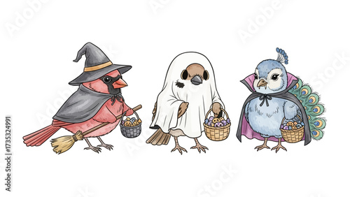 Costumed Birds on Halloween:  An adorable trio of cartoon birds dressed in whimsical Halloween costumes, each carrying a treat basket, ready for trick-or-treating.