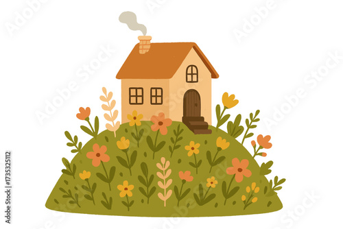 There's no place like home. Hand drawn vector illustration of a cozy house on a flower hill. Cute cottage in a blooming garden. Sweet home, real estate, countryside concept.