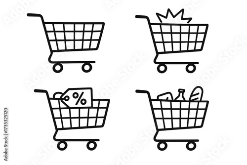 Set of hand-drawn shopping carts icons isolated on white background, linear doodle style, discount tag, sale symbol, grocery basket with food, vector cartoon illustration