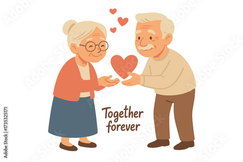 Cute senior couple in love on Valentine's Day. Old man gives heart to his wife. Elderly people, grandparents together forever. Romantic relationship, anniversary vector illustration.