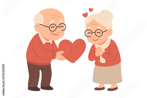 Senior couple in love, a romantic Valentine's Day concept. An old man gives a red heart to his happy wife. Elderly characters, cute grandparents together vector illustration.