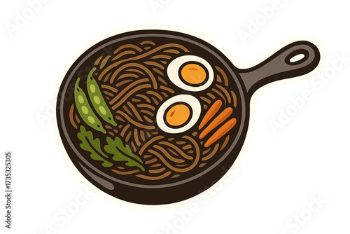 Traditional Japanese Soba Buckwheat Noodles Logo with Pan, Boiled Eggs, Fresh Vegetables, Asian Food Icon, Restaurant Menu Design, Noodle Bowl Illustration