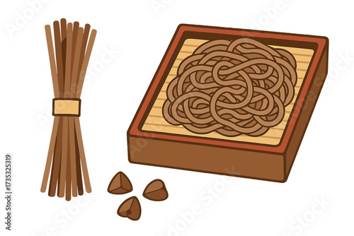 Soba noodles set with raw buckwheat grains and cooked buckwheat soba noodles in box, Japanese traditional food, vector illustration, flat style, isolated on white background