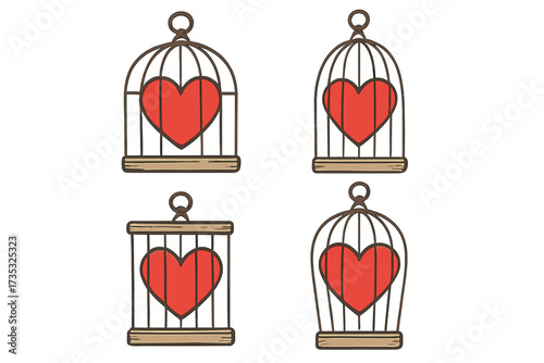 Vintage heart in birdcage set. Metaphor for trapped love, unavailable heart, or emotional prison. Valentine's day symbol collection. Vector flat cartoon icon illustration.