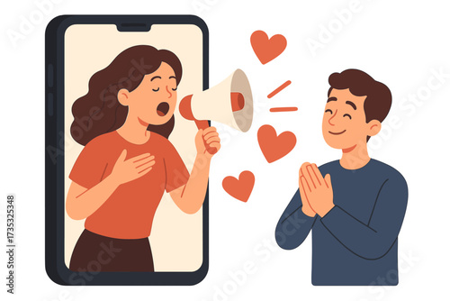Woman with megaphone on phone screen confesses love. Long-distance relationship, virtual romance concept. Couple, online dating, communication. Valentine's day banner vector.